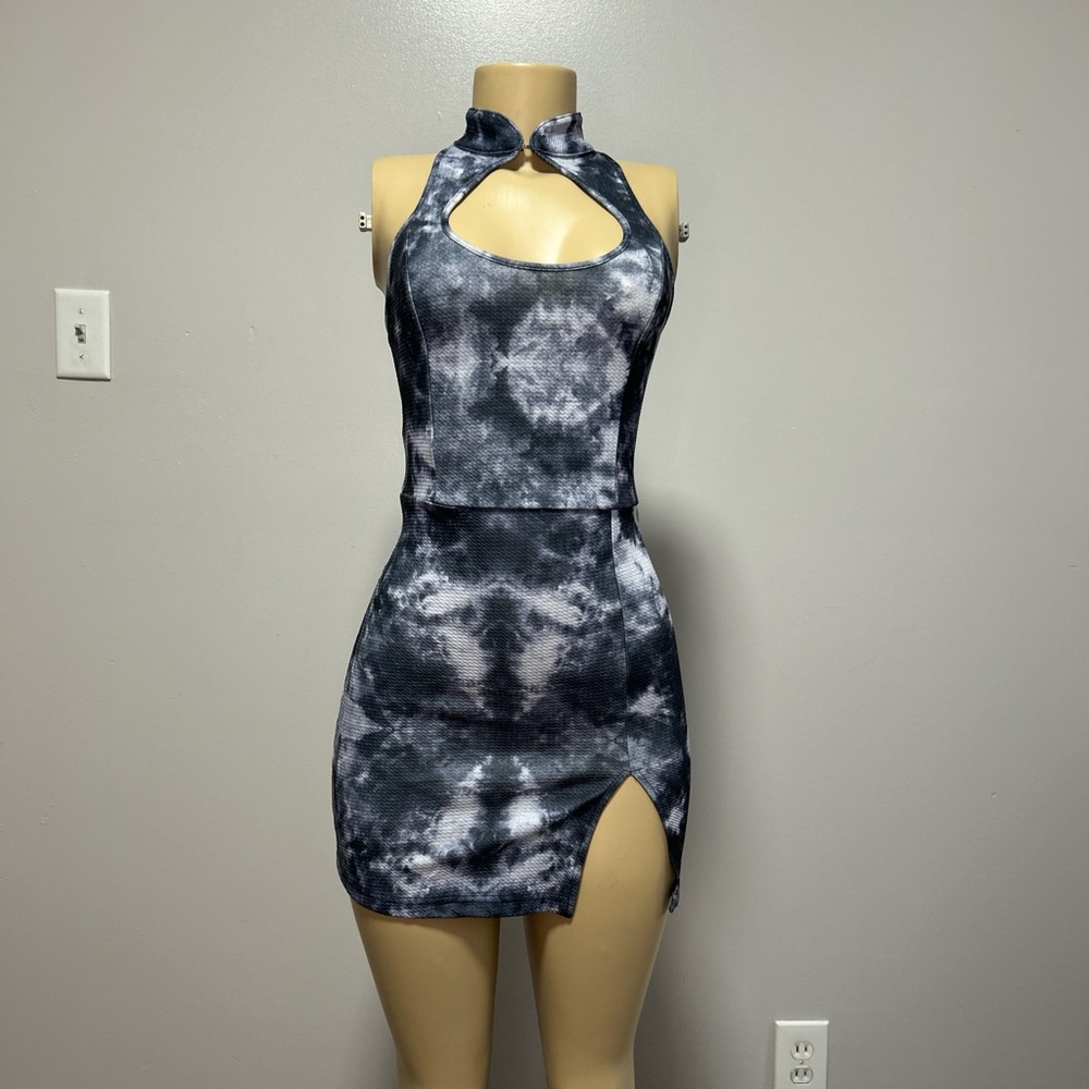 SHEIN Black and Gray Tie-Dye Cut-Out Mini Dress